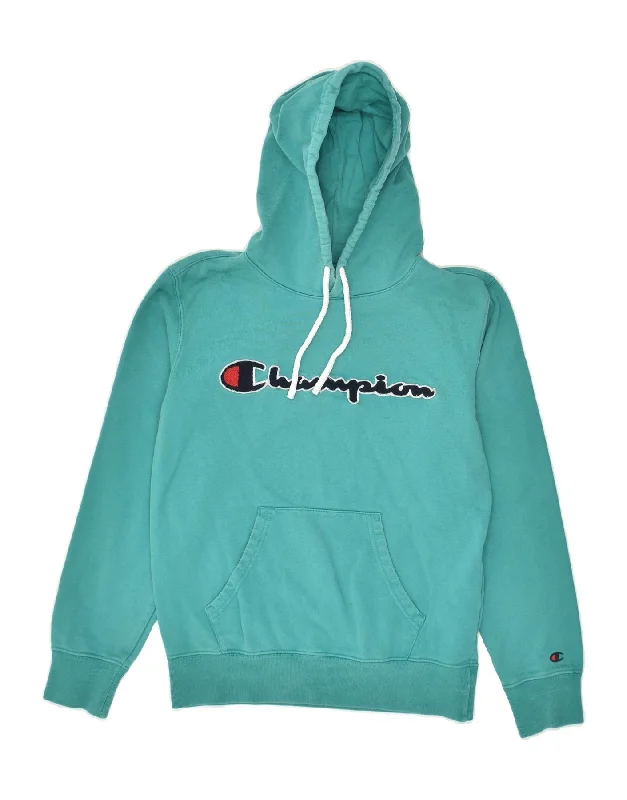 CHAMPION Womens Graphic Hoodie Jumper UK 10 Small Turquoise Cotton Hoodie with Snap Buttons Easy Quick