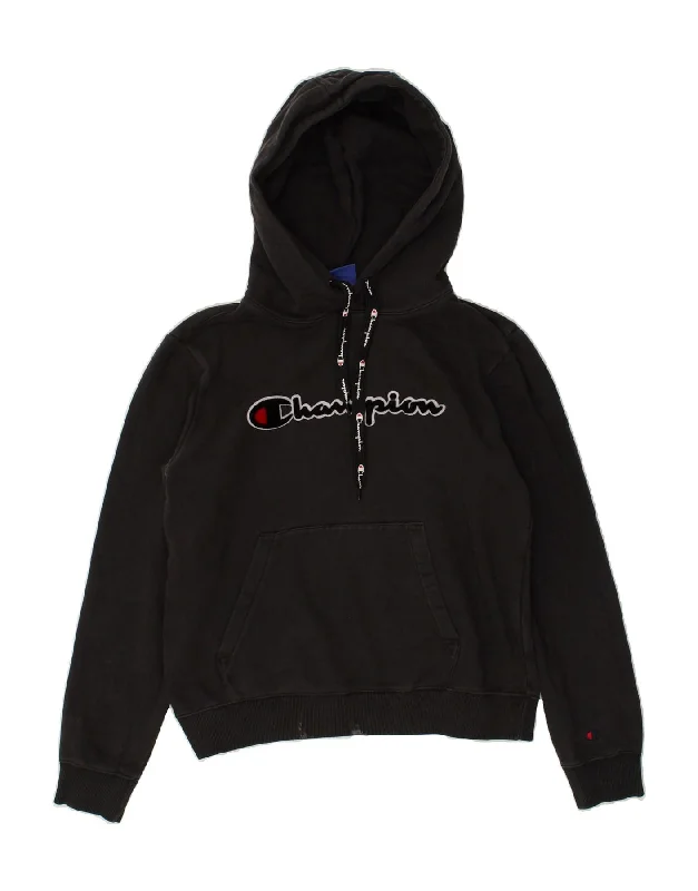 CHAMPION Womens Graphic Hoodie Jumper UK 14 Medium Black Cotton Hoodie with Hem Elastic Stretchable Comfortable