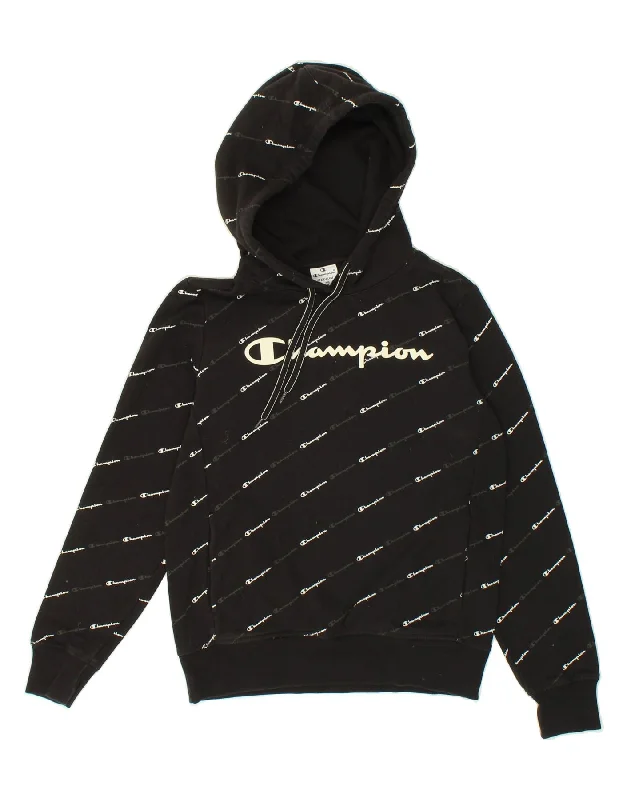 CHAMPION Womens Graphic Hoodie Jumper UK 14 Medium Black Cotton Hoodie with High Neck Warm Protective