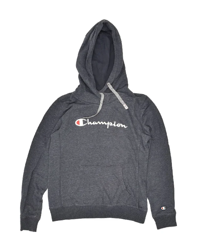 CHAMPION Womens Graphic Hoodie Jumper UK 14 Medium Grey Cotton Hoodie with Elastic Cuffs Stretchable Comfortable