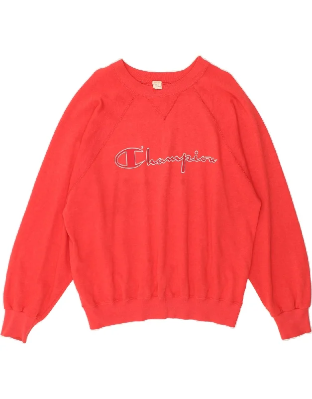 CHAMPION Womens Graphic Hoodie Jumper UK 14 Medium Red Cotton Hoodie with Embroidery Detailed Premium