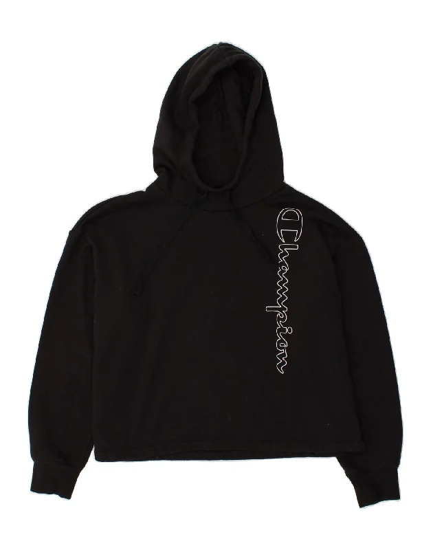 CHAMPION Womens Graphic Hoodie Jumper UK 16 Large Black Hoodie with Strings Custom Fit Adjustable