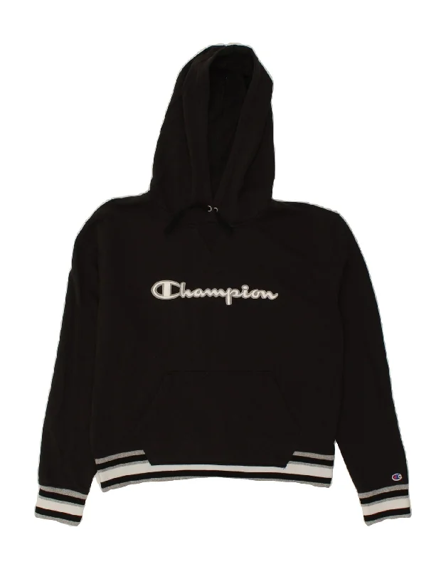 CHAMPION Womens Graphic Hoodie Jumper UK 16 Large Black Cotton Hoodie with Rhinestones Sparkly Elegant