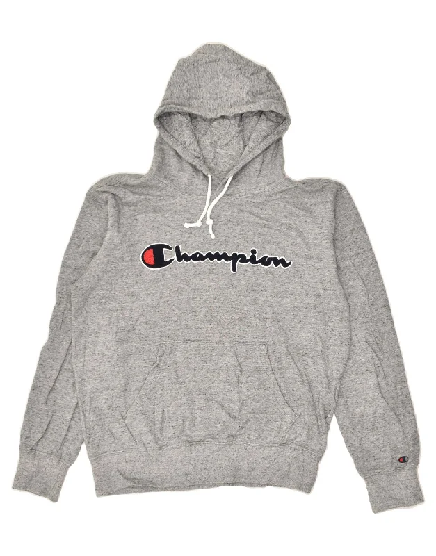 CHAMPION Womens Graphic Hoodie Jumper UK 16 Large Grey Flecked Cotton Hoodie with Emblem Brand Identity