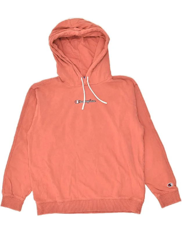 CHAMPION Womens Graphic Hoodie Jumper UK 16 Large Orange Cotton Hoodie with Gradient Ombre Colorful