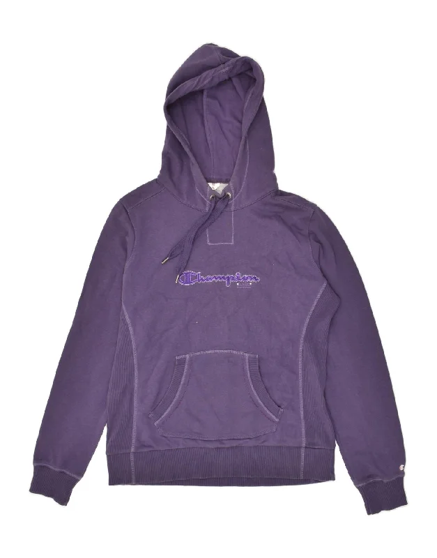 CHAMPION Womens Graphic Hoodie Jumper UK 16 Large Purple Hoodie with Hem Frayed Vintage Worn