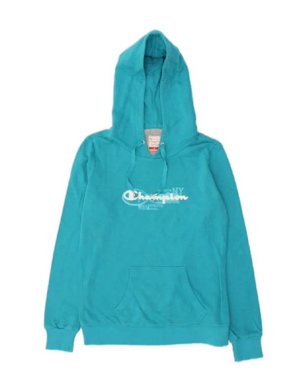 CHAMPION Womens Heritage Fit Graphic Hoodie Jumper UK 14 Medium Turquoise Hoodie with Ribbed Neckline Snug Warm