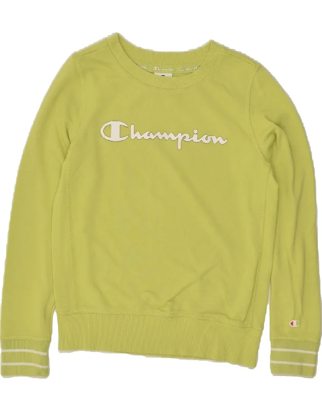 CHAMPION Womens Oversized Graphic Sweatshirt Jumper UK 6 XS Green Cotton Hoodie with Slit Hem Functional Movement