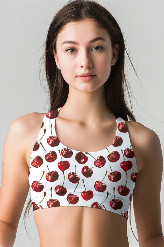 Cherries on Top Stella White Fruity Seamless Sport Yoga Bra - Women Supportive Wireless Bra