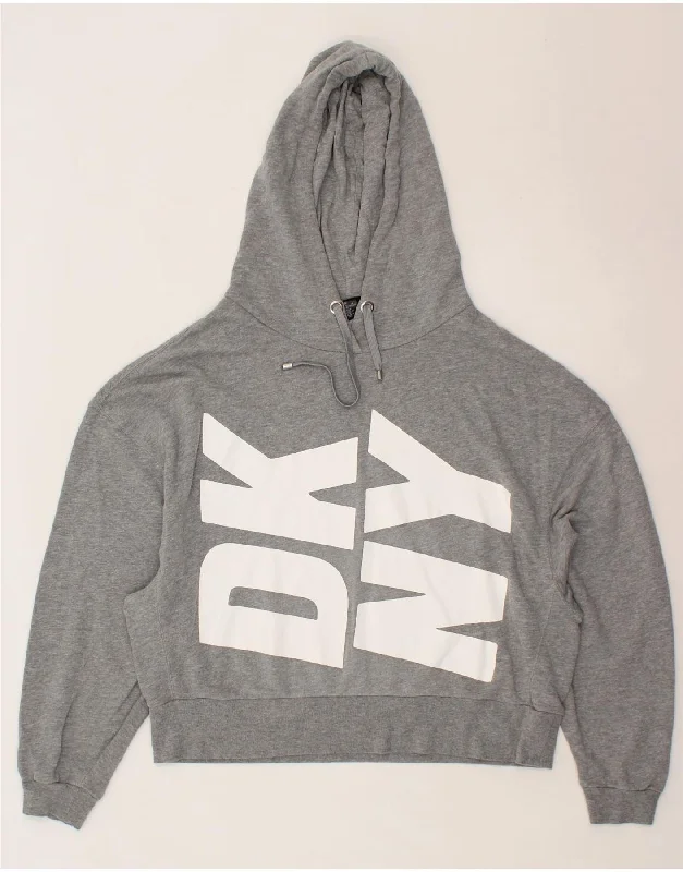 DKNY Womens Graphic Crop Hoodie Jumper UK 18 XL Grey Cotton Hoodie with Drop Shoulder Relaxed Streetwear