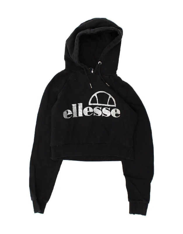 ELLESSE Womens Graphic Crop Hoodie Jumper UK 10 Small Black Hoodie with Hem Applique Textured Unique