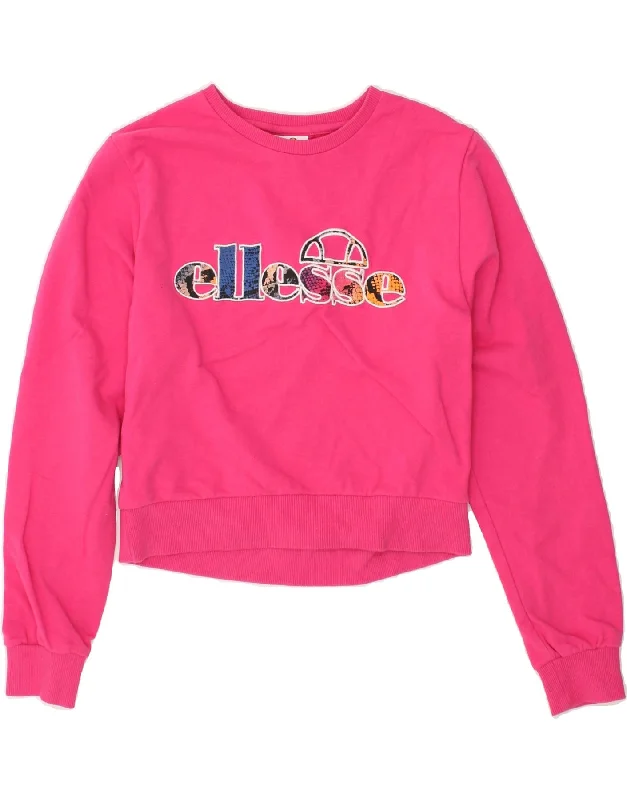 ELLESSE Womens Graphic Crop Sweatshirt Jumper UK 10 Small Pink Hoodie with Mesh Breathable Sporty