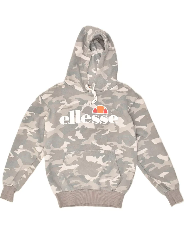 ELLESSE Womens Graphic Hoodie Jumper UK 8 Small Grey Camouflage Cotton Hoodie Crop Top Short Trendy