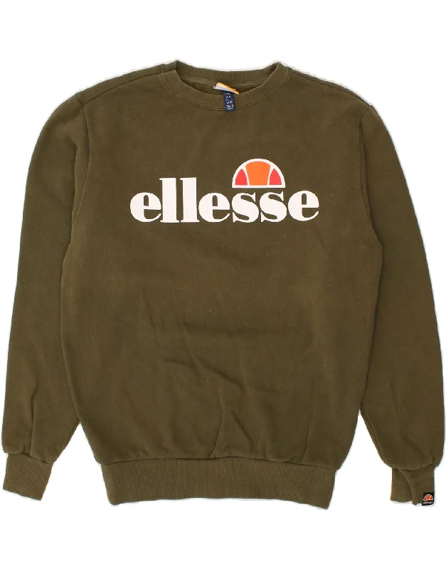 ELLESSE Womens Graphic Sweatshirt Jumper UK 10 Small  Khaki Cotton Hoodie with Fur Luxurious Winter