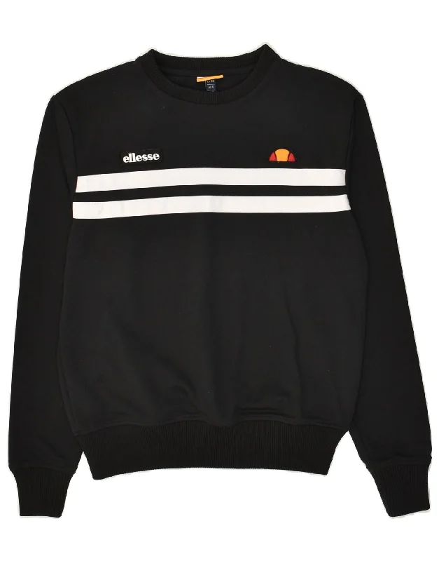 ELLESSE Womens Graphic Sweatshirt Jumper UK 8 Small Black Striped Cotton Hoodie with Strings Custom Fit Adjustable