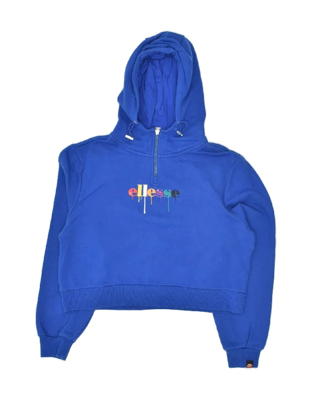 ELLESSE Womens Graphic Zip Neck Hoodie Jumper UK 14 Medium Blue Cotton Hoodie with Raw Hem Edgy Unfinished