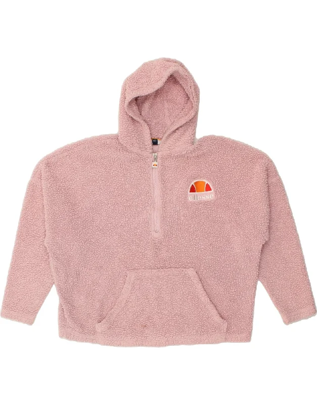 ELLESSE Womens Oversized Hooded Fleece Jumper UK 10 Small Pink Polyester Hoodie with Hem Embroidery Detailed Premium