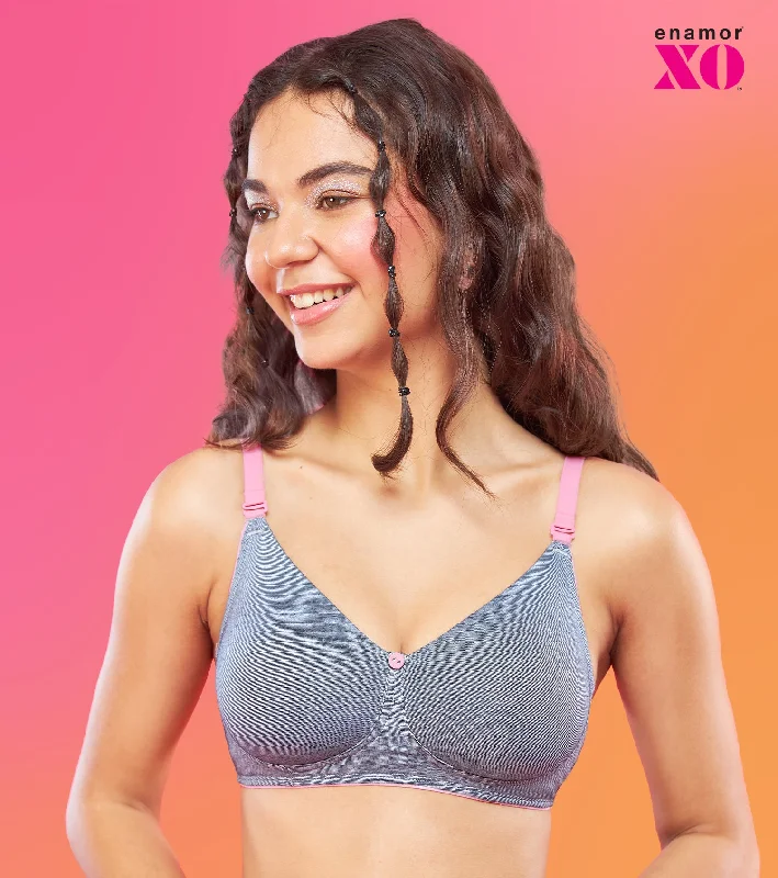 Enamor XO Pin Stripe Navy Non Wired Non Padded Regular Bra - Livia Comfortable Lace Bralette