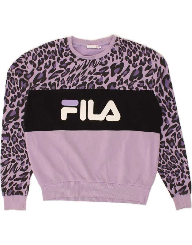 FILA Womens Graphic Sweatshirt Jumper UK 10 Small Purple Animal Print Hoodie with Embroidery Detailed Premium