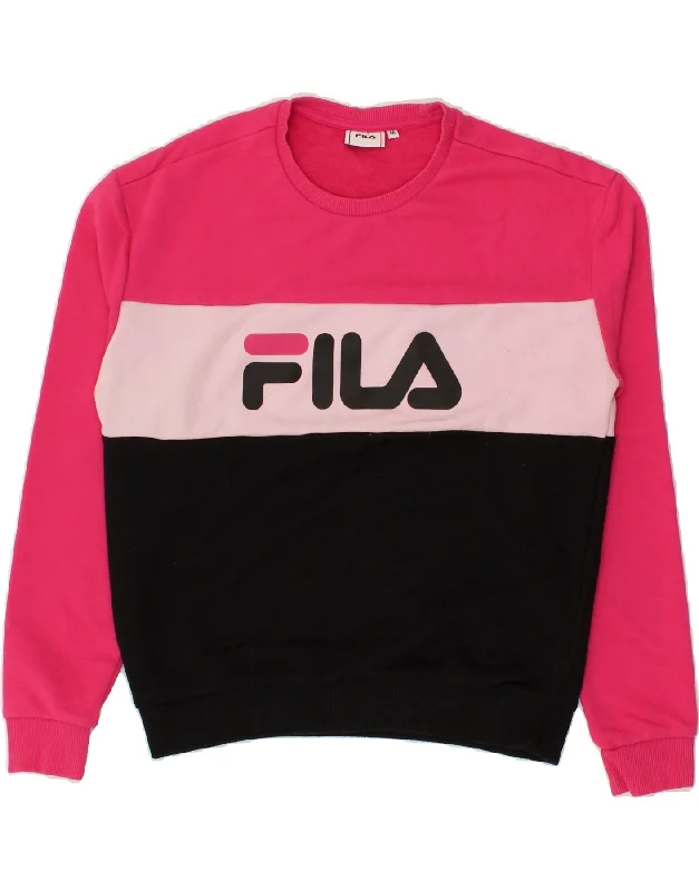 FILA Womens Graphic Sweatshirt Jumper UK 14 Medium Pink Colourblock Cotton Hoodie with Double Zipper Versatile Adjustable