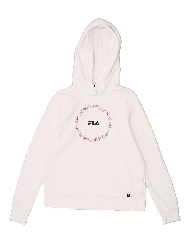 FILA Womens Oversized Crop Graphic Hoodie Jumper UK 6 XS White Floral Hoodie with Pastel Soft Subtle