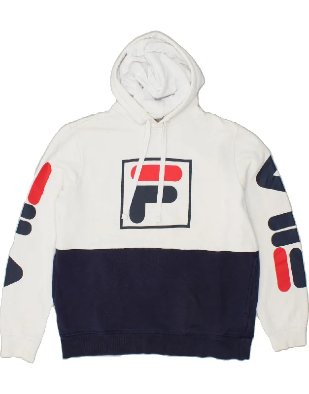 FILA Womens Oversized Graphic Hoodie Jumper UK 10 Small White Colourblock Hoodie with Metallic Shiny Futuristic