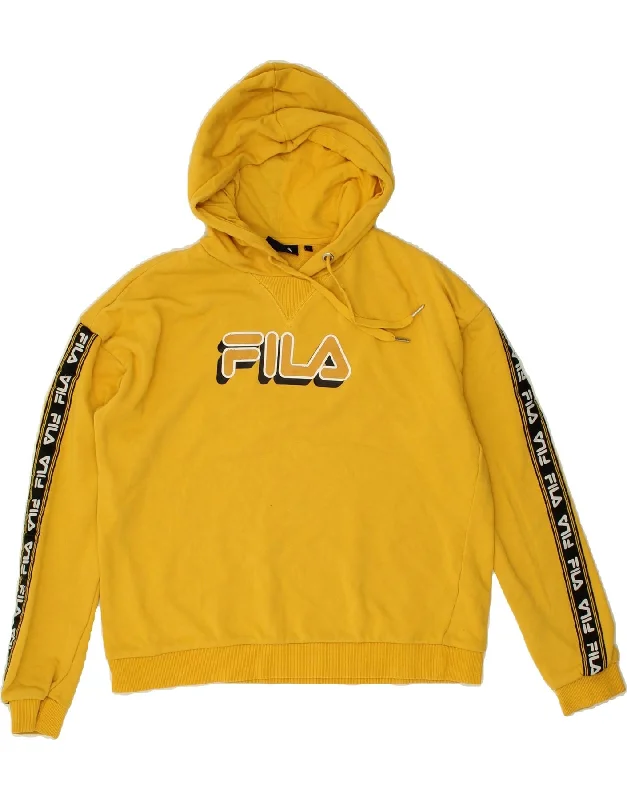 FILA Womens Oversized Graphic Hoodie Jumper UK 10 Small Yellow Hoodie with Pocket Utility Practical