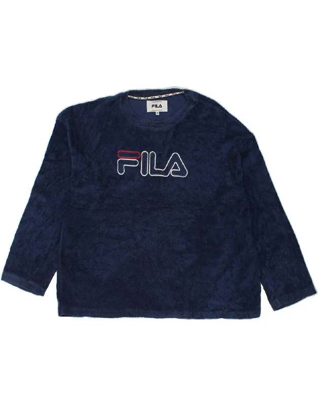 FILA Womens Sweatshirt Jumper UK 14 Medium Navy Blue Polyester Hoodie with Stripes Bold Sporty