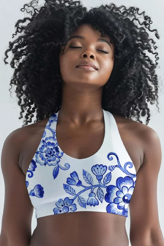 Flowerful Stella White Blue Seamless Racerback Sport Yoga Bra - Women Comfortable Fit Bralette