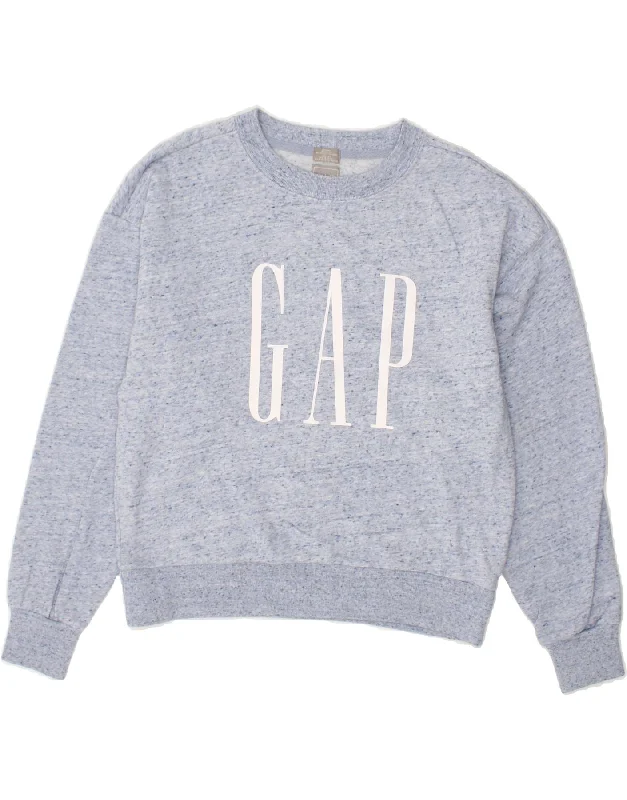 GAP Womens Graphic Sweatshirt Jumper UK 10 Small Blue Flecked Cotton Hoodie with Typography Text Message