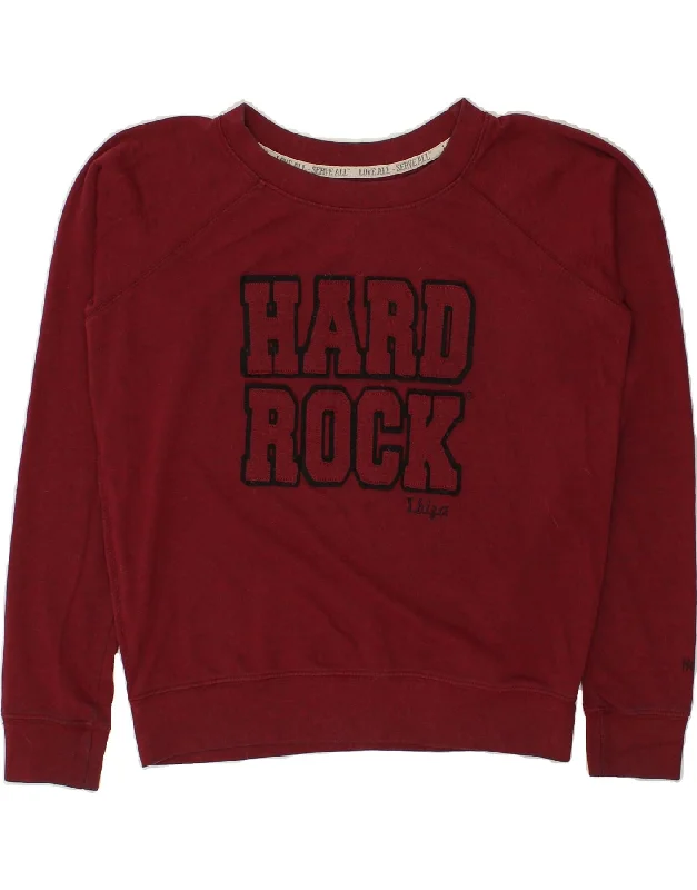 HARD ROCK CAFE Womens Ibiza Graphic Sweatshirt Jumper Large Maroon Cotton Hoodie with Elastic Cuffs Stretchable Comfortable