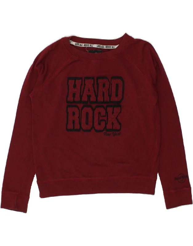 HARD ROCK CAFE Womens New York Graphic Sweatshirt Jumper UK 18 XL Maroon Hoodie with V-Neck Classic Versatile