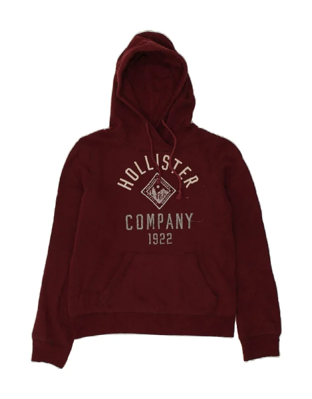 HOLLISTER Womens Graphic Hoodie Jumper UK 10 Small Burgundy Cotton Hoodie with Relaxed Fit Easy Casual