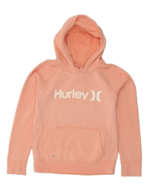 HURLEY Womens Graphic Hoodie Jumper UK 10 Small Pink Cotton Hoodie with Hem Drawcord Adjustable Customizable