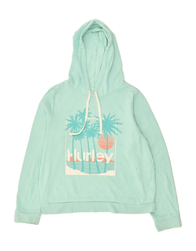 HURLEY Womens Graphic Hoodie Jumper UK 14 Medium Turquoise Cotton Hoodie with Drawcord Adjustable Secure