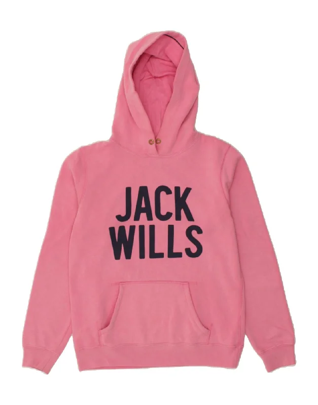 JACK WILLS Womens Graphic Hoodie Jumper UK 14 Large Pink Cotton Hoodie with Pastel Soft Subtle