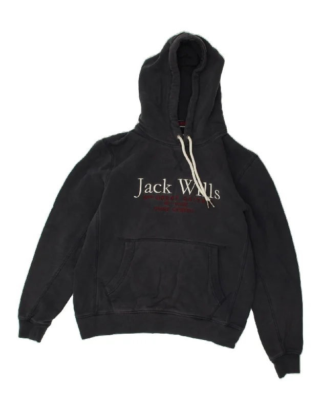 JACK WILLS Womens Graphic Hoodie Jumper UK 14 Medium Navy Blue Cotton Hoodie with Raw Hem Edgy Unfinished