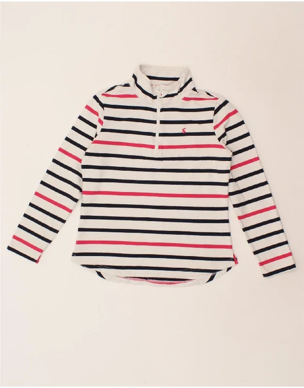 JOULES Womens Zip Neck Sweatshirt Jumper UK 12 Medium White Striped Cotton Hoodie with Hem Drawcord Adjustable Customizable