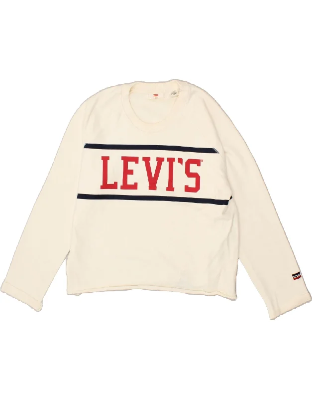 LEVI'S Womens Crop Graphic Sweatshirt Jumper UK 16 Large Off White Cotton Hoodie with Color Block Contrast Stylish