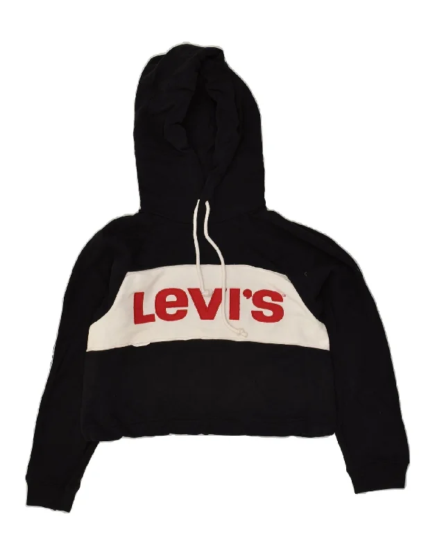 LEVI'S Womens Graphic Crop Hoodie Jumper UK 6 XS Black Colourblock Cotton Hoodie with Monochrome Minimalist Simple