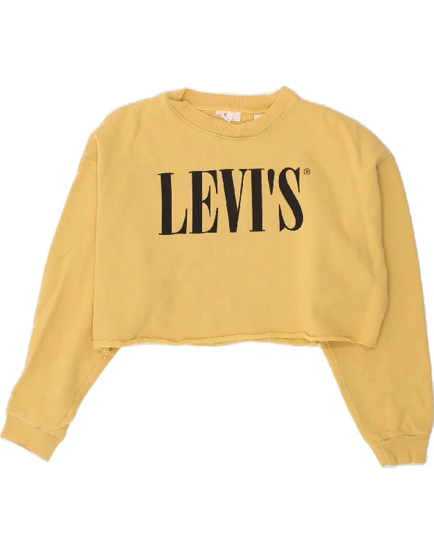 LEVI'S Womens Graphic Crop Sweatshirt Jumper UK 6 XS Yellow Hoodie with Cuffed Sleeves Snug Secure