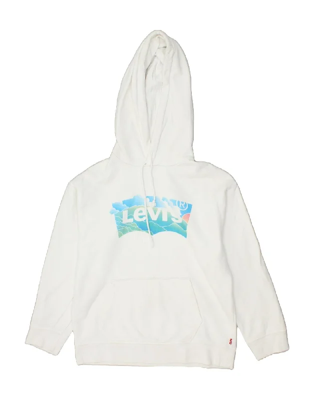 LEVI'S Womens Graphic Hoodie Jumper UK 10 Small White Cotton Hoodie with Slit Hem Functional Movement