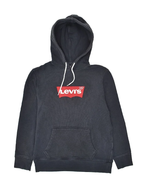 LEVI'S Womens Graphic Hoodie Jumper UK 14 Medium Navy Blue Cotton Hoodie with Drawcord Adjustable Secure