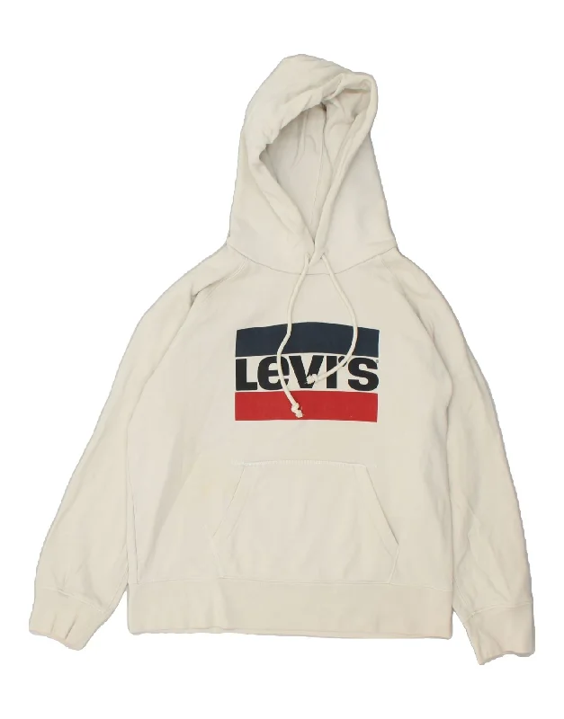 LEVI'S Womens Graphic Hoodie Jumper UK 14 Medium Off White Cotton Hoodie with Velcro Closure Adjustable Secure