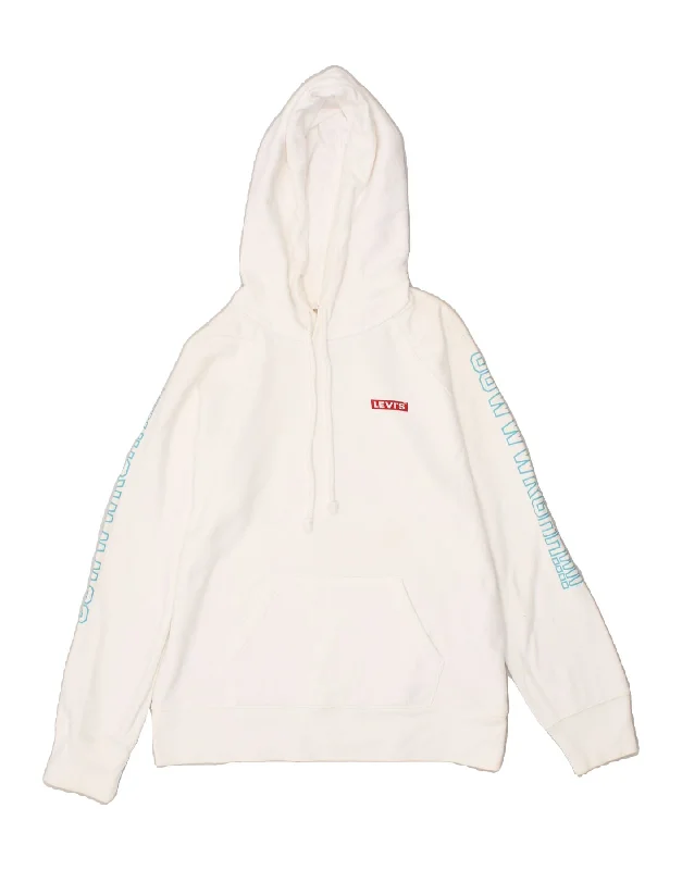 LEVI'S Womens Oversized Graphic Hoodie Jumper UK 10 Small White Cotton Hoodie with Applique Textured Unique