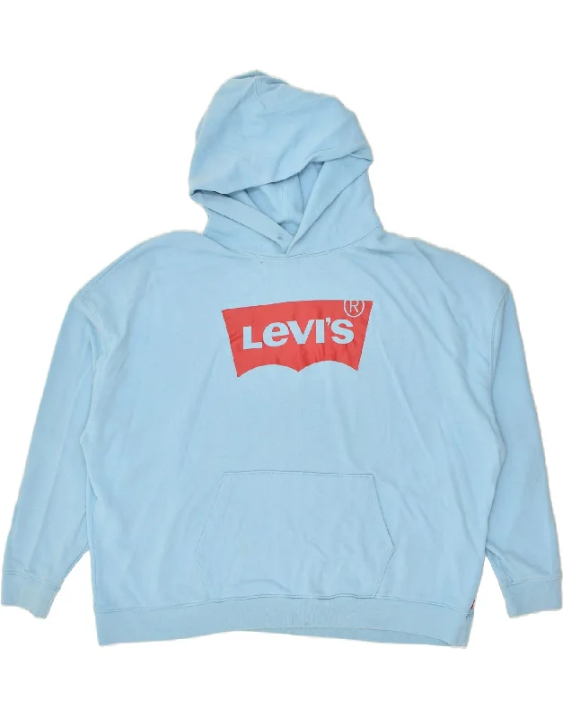 LEVI'S Womens Oversized Graphic Hoodie Jumper UK 20 2XL Blue Cotton Hoodie with Hem Frayed Vintage Worn