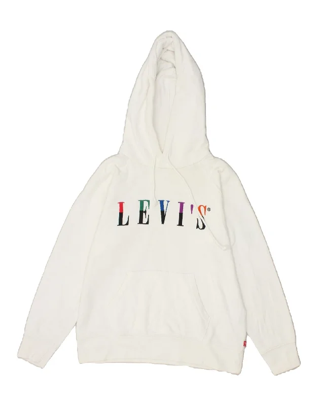 LEVI'S Womens Oversized Graphic Hoodie Jumper UK 6 XS White Cotton Hoodie with Turtle Neck Cozy Winter