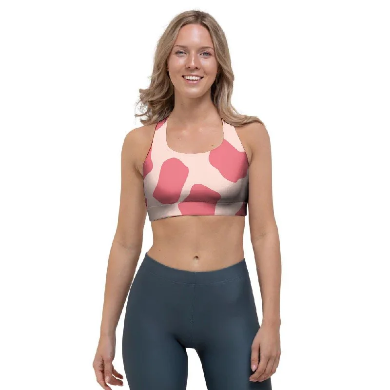 Light Pink Cow Print Sports Bra Supportive Sports Bra