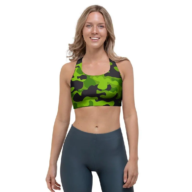 Lime Green Camo Print Sports Bra Light Padded Bra