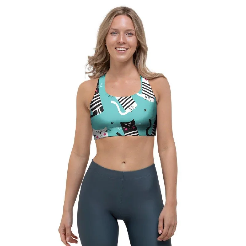 Love Turquoise Cat Print Sports Bra Strapless Support Bra